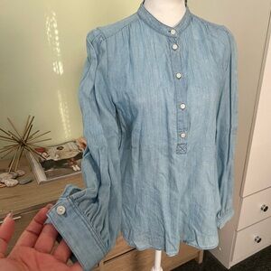 H&M 50% Cotton Denim Long-Sleev Button Down Partial Placket Band Collar Shirt XS